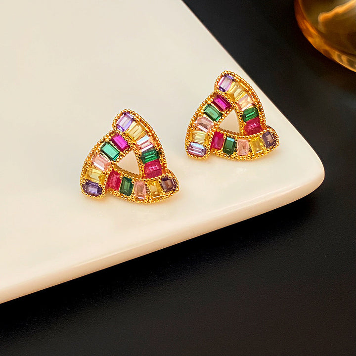 Colorful Diamond Triangle Hollow Stud Earrings, Gold & Silver Tone Rainbow Crystal Jewelry