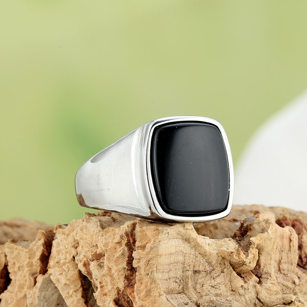 Square Cabochon Stone Bezel Men Signet Ring, Gold Silver Onyx Tiger Eye Vintage Band