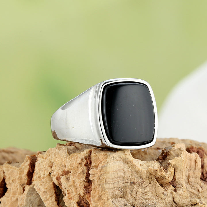 Square Cabochon Stone Bezel Men Signet Ring, Gold Silver Onyx Tiger Eye Vintage Band