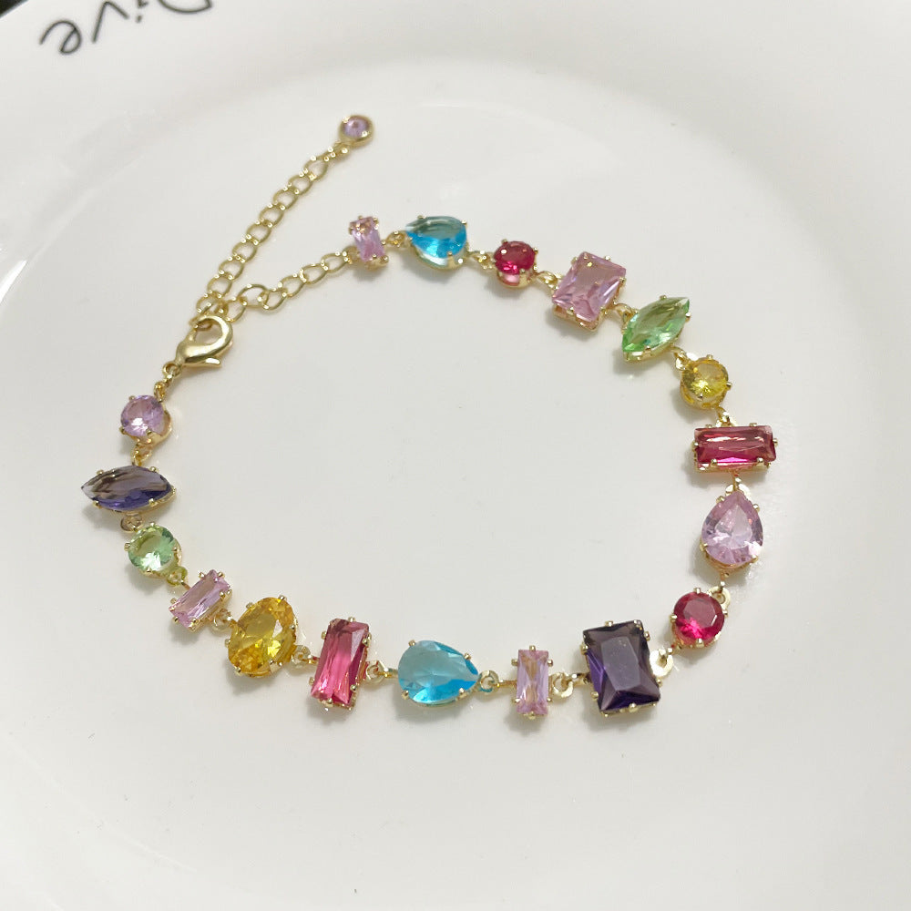Multi-Shape Rainbow Diamond Prong Chain Jewelry, Gold &amp; Silver Rainbow Gem Bracelet &amp; Matching Choker Necklace Set