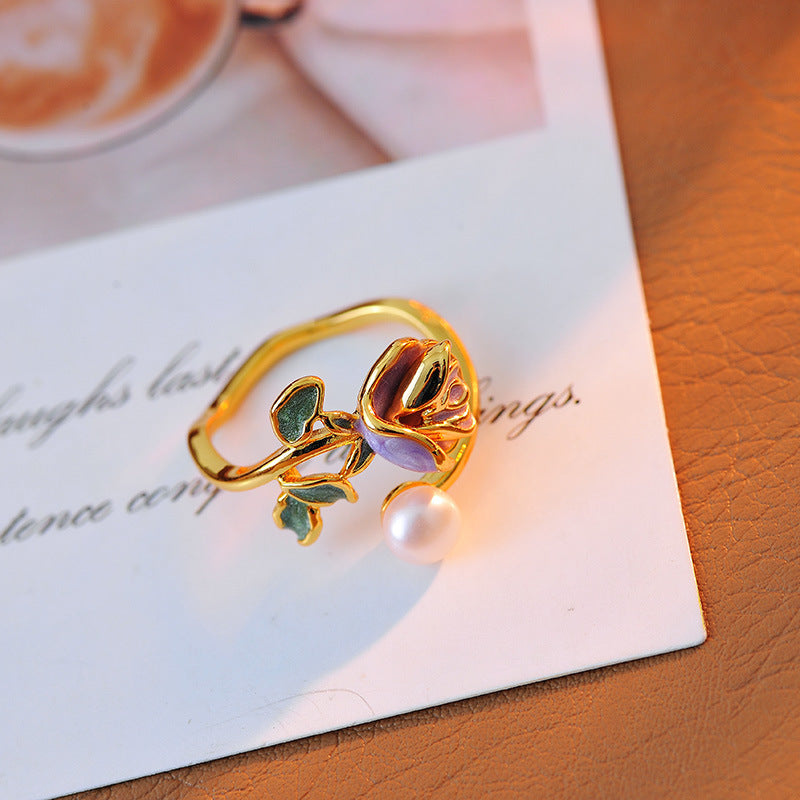 Enamel Rose Pearl Open S925 Silver Gold‑Tone Ring
