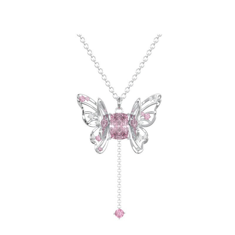 Hollow Butterfly Tassel Pendant Necklace, Pink & Clear Diamond Options, Luxury Girly Butterfly Collarbone Necklace