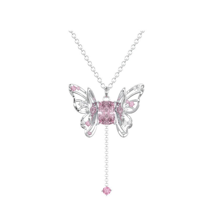 Hollow Butterfly Tassel Pendant Necklace, Pink & Clear Diamond Options, Luxury Girly Butterfly Collarbone Necklace