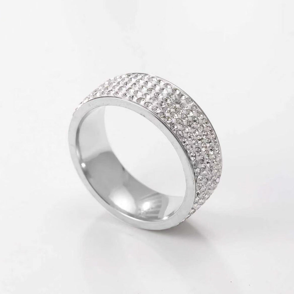Multi-Row Paved Crystal Wide Titanium Steel Ring, Solid & Gradient Rhinestone Waterproof Band Gold Silver Black Couple Jewelry