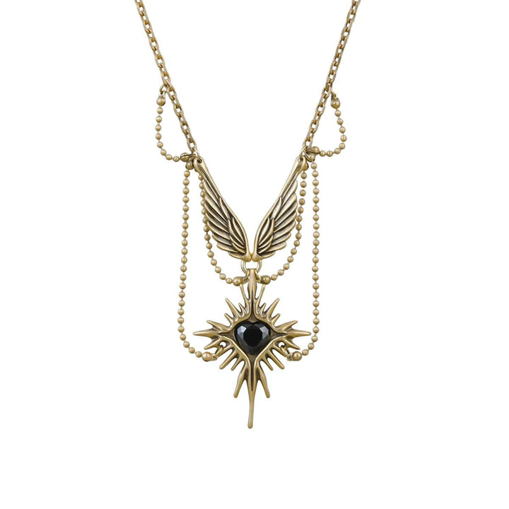 Vintage Wing Black Heart Star Necklace, Heavy Multi-Chain Wing Pendant, Antique Gold & Antique Silver Options