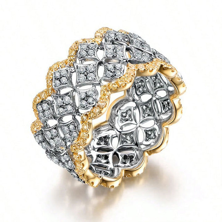 Two-Tone Window Filigree Wide Ring, Vintage Royal Diamond Carved Band For Women, S925 Silver Base