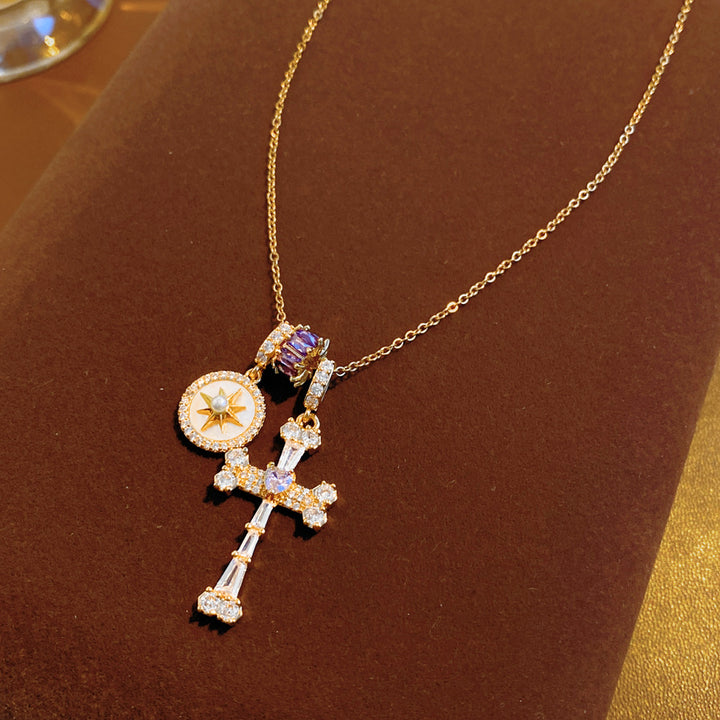 Vintage Eight-pointed Star & Multi-stone Cross Pendant Necklace, Luxury Diamond Faith Jewelry