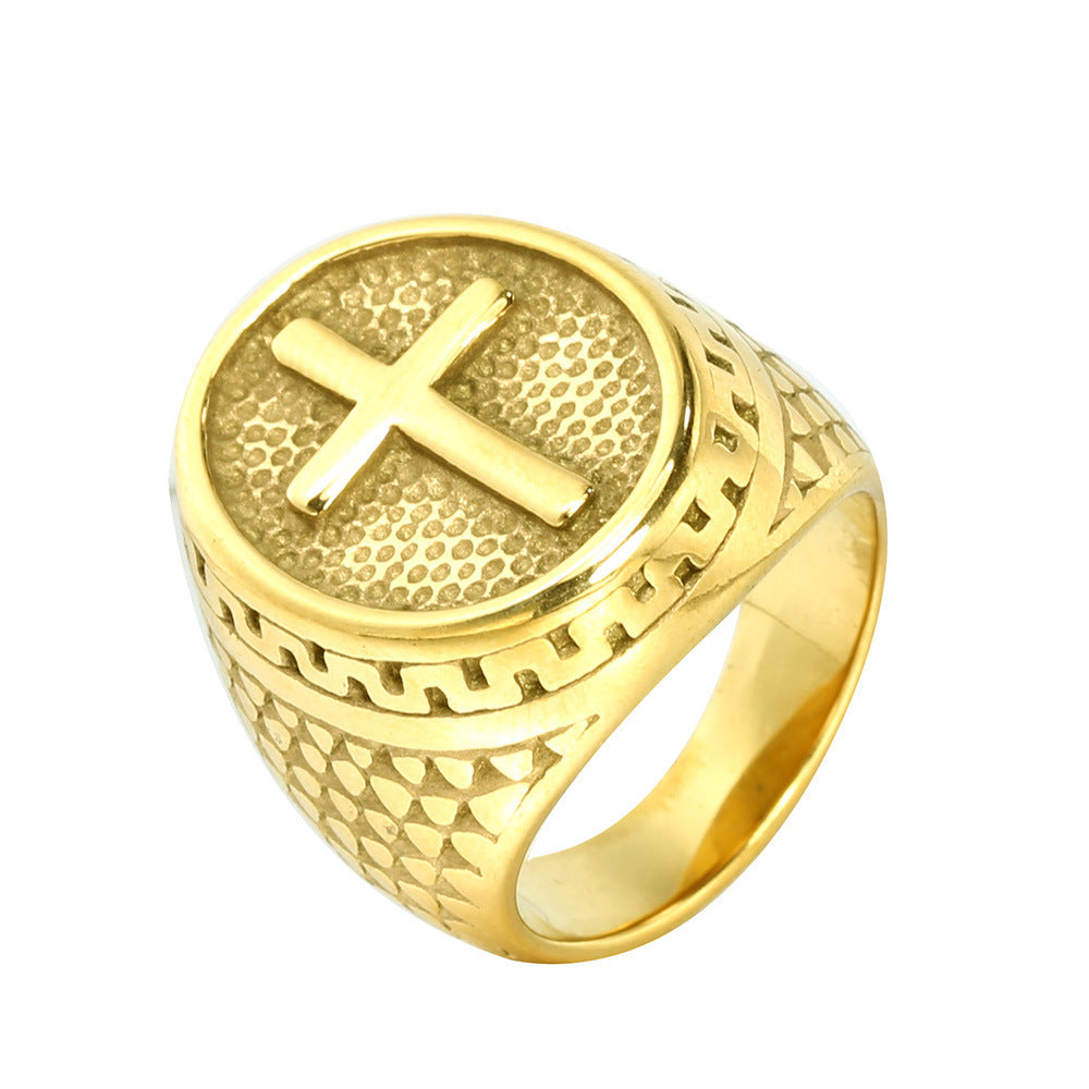 Vintage Embossed Cross Signet Ring, S925 Silver 14K Gold Plated Ethnic Pattern Faith Band For Men
