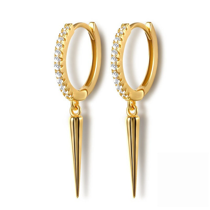 S925 Silver Pave Crystal Hoop Spike Dangle Huggie Earrings, Edgy Long Rivet‑Style Drop Earrings, Gold / Silver Two‑Tone