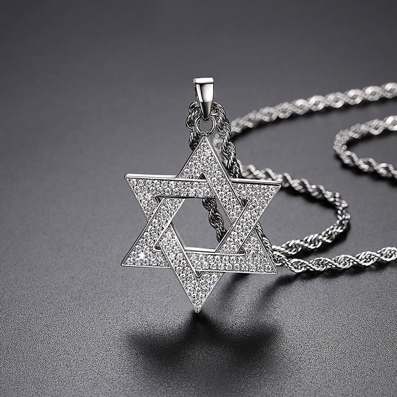Full Paved Hexagram Pendant Necklace with Twisted Rope Chain, Vintage Streetwear Luxury Necklace