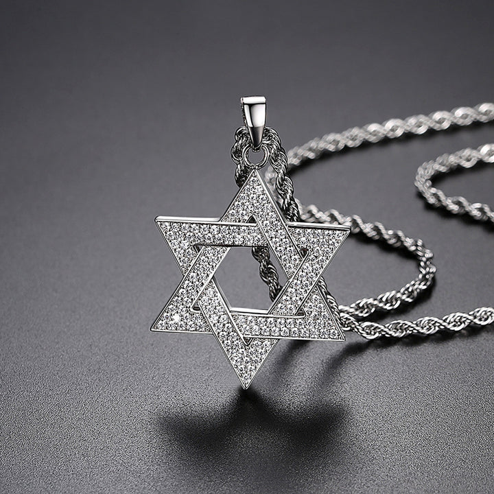 Full Paved Hexagram Pendant Necklace with Twisted Rope Chain, Vintage Streetwear Luxury Necklace