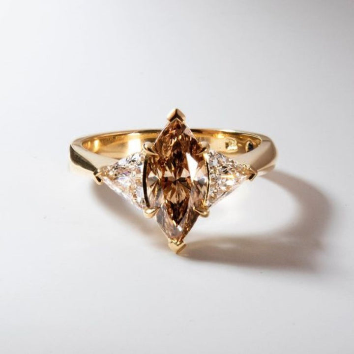 Marquise‑Cut Brown Center Diamond With Trillion‑Side‑Diamonds Gold‑Tone Engagement Ring