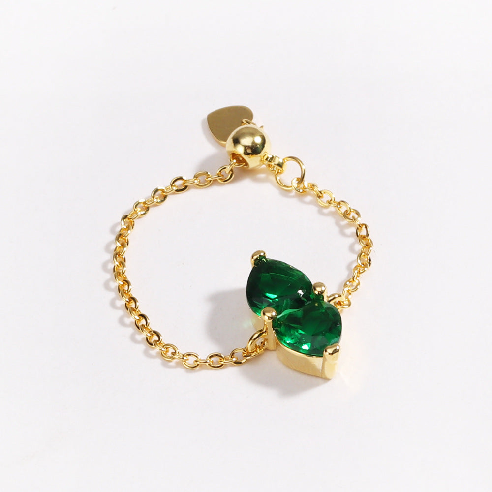 Two Hearts Joined Diamond Adjustable Chain Ring (Multi-Color Delicate Statement Band)