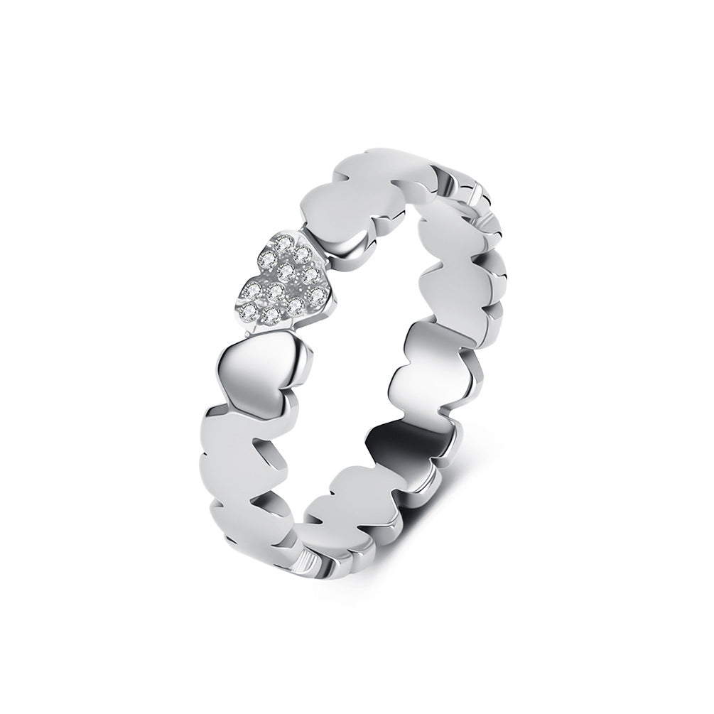 Linked Heart Eternity Band Ring, Continuous Smooth Hearts With One Pave Diamond Heart Gold Silver Romantic Stacking Ring For Women