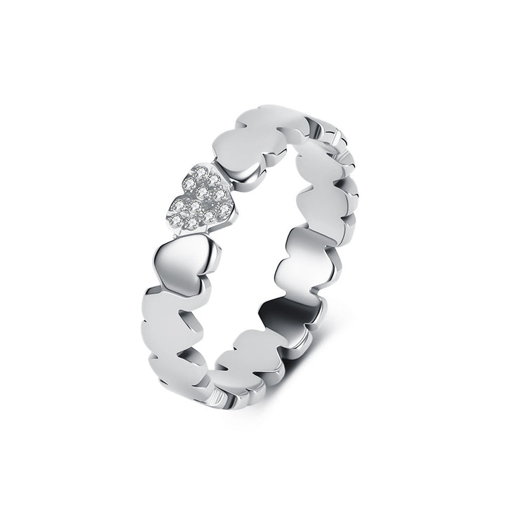 Linked Heart Eternity Band Ring, Continuous Smooth Hearts With One Pave Diamond Heart Gold Silver Romantic Stacking Ring For Women