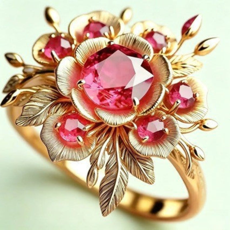 Multi‑Tone 3D Floral Pink Diamond Ring