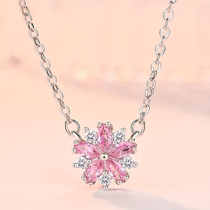 Pink Diamond Cherry Blossom Jewelry Set, Necklace Ring Earring 3‑Piece Kit