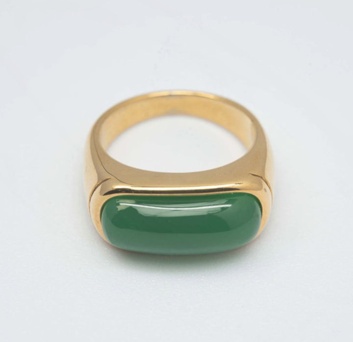 Rectangle Cabochon Chalcedony Bezel Ring, Gold Silver Minimal Plain Stone Unisex Band