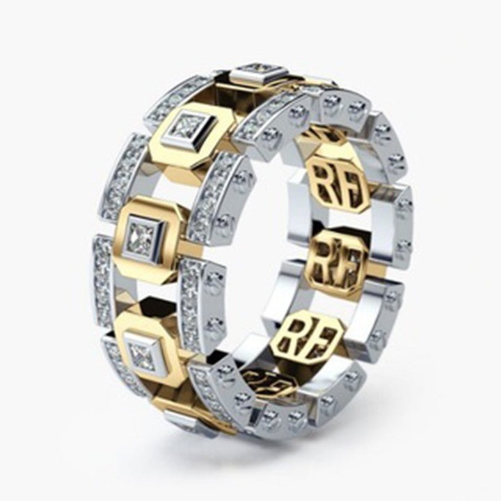 Two-Tone Linked Chain Hollow Full Paved Diamond Wide Ring, S925 Silver Silver-Gold / Silver-Rose Gold Luxury Unisex Band