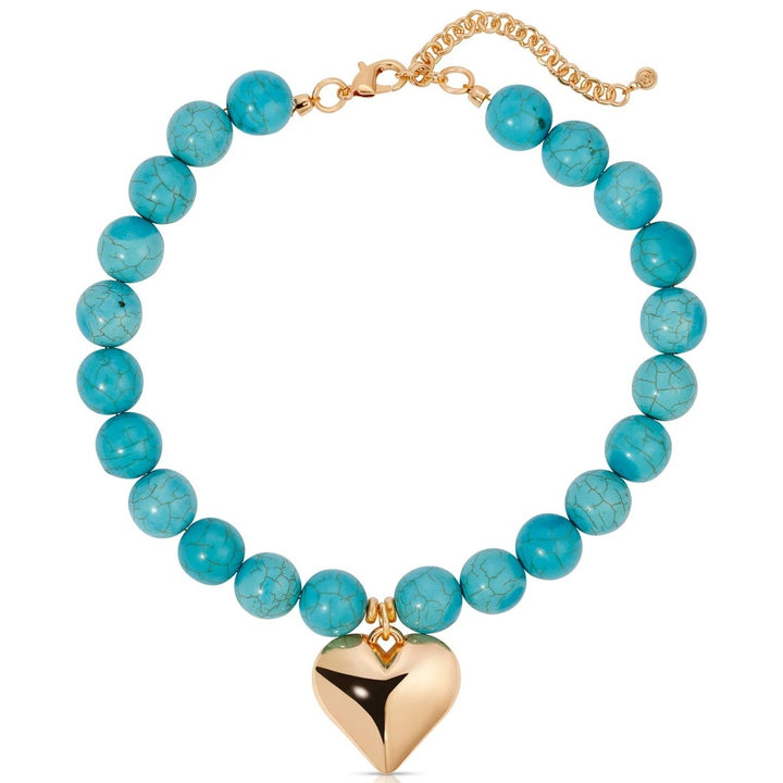 Turquoise Beaded Necklace & Bracelet with Heart Pendant (Bohemian Luxury Vacation Jewelry)