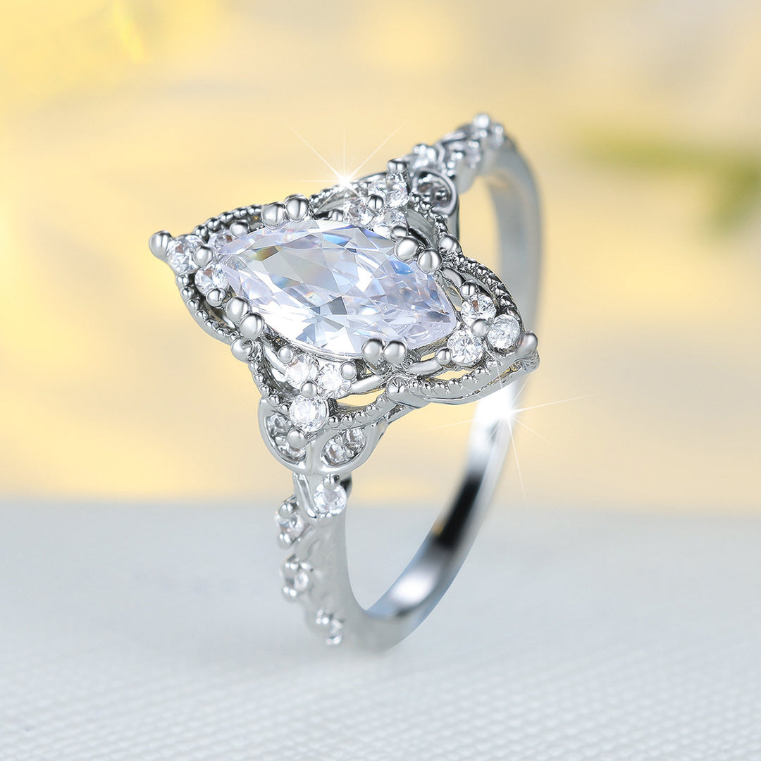S925 Silver Vintage Marquise Diamond Ring, Ornate Hollow Carved Engagement Women’s Band