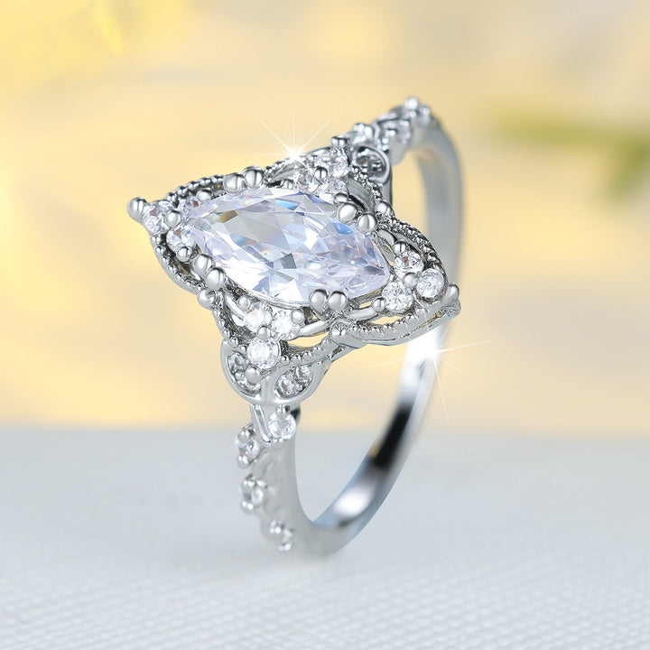 S925 Silver Vintage Marquise Diamond Ring, Ornate Hollow Carved Engagement Women’s Band