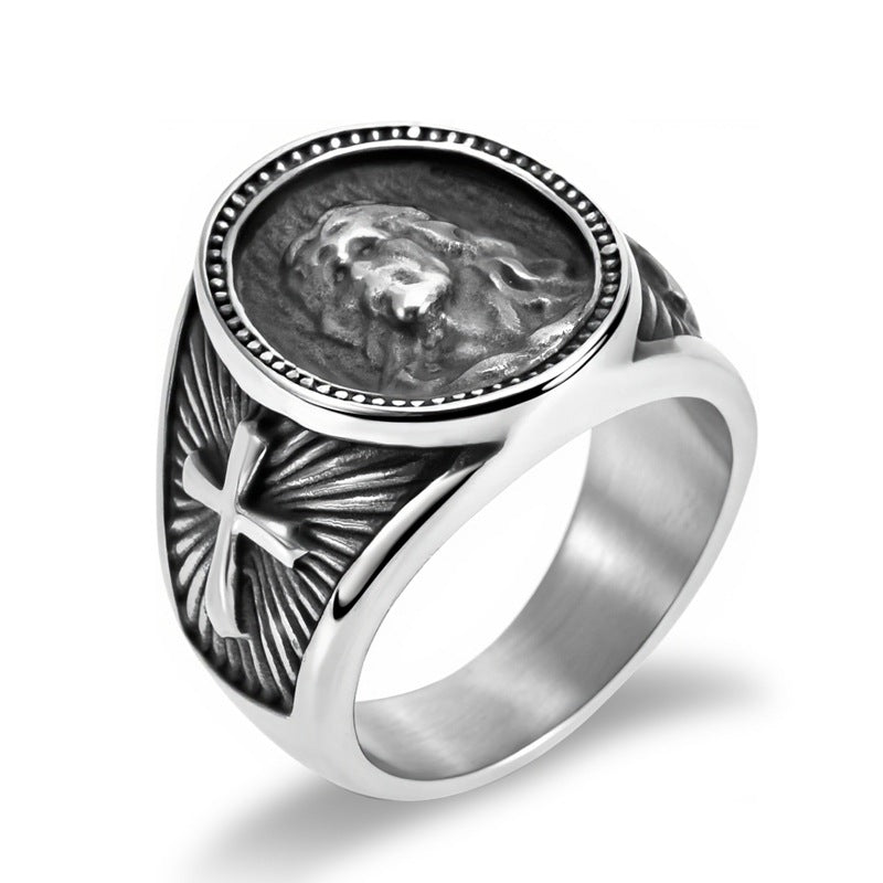 Vintage Antique Jesus Portrait Titanium Steel Men Ring, Cross Radiant Engraved Wide Religious Statement Band