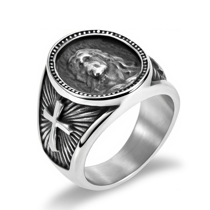 Vintage Antique Jesus Portrait Titanium Steel Men Ring, Cross Radiant Engraved Wide Religious Statement Band