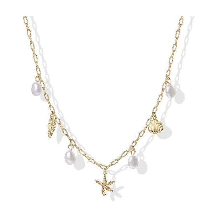 Beach Vacation Starfish Shell Feather Pearl Necklace, Simple Multi-Charm Ocean Style Clavicle Chain for Women