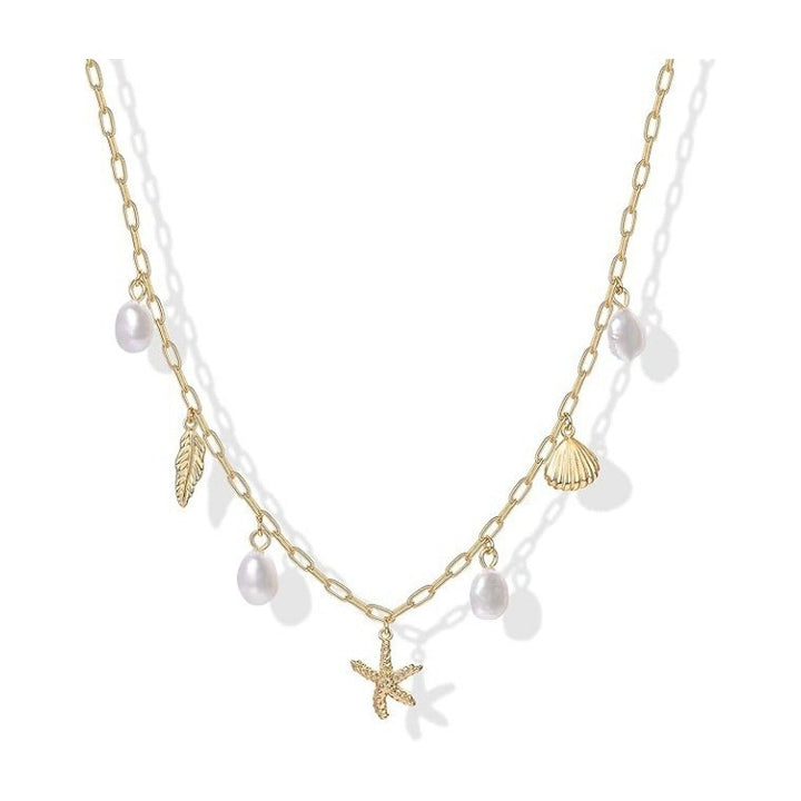 Beach Vacation Starfish Shell Feather Pearl Necklace, Simple Multi-Charm Ocean Style Clavicle Chain for Women