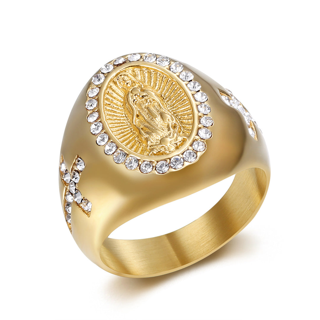 Our Lady of Guadalupe Diamond Oval Signet Ring, S925 Silver Gold & Silver Tone Catholic Prayer Wide Band