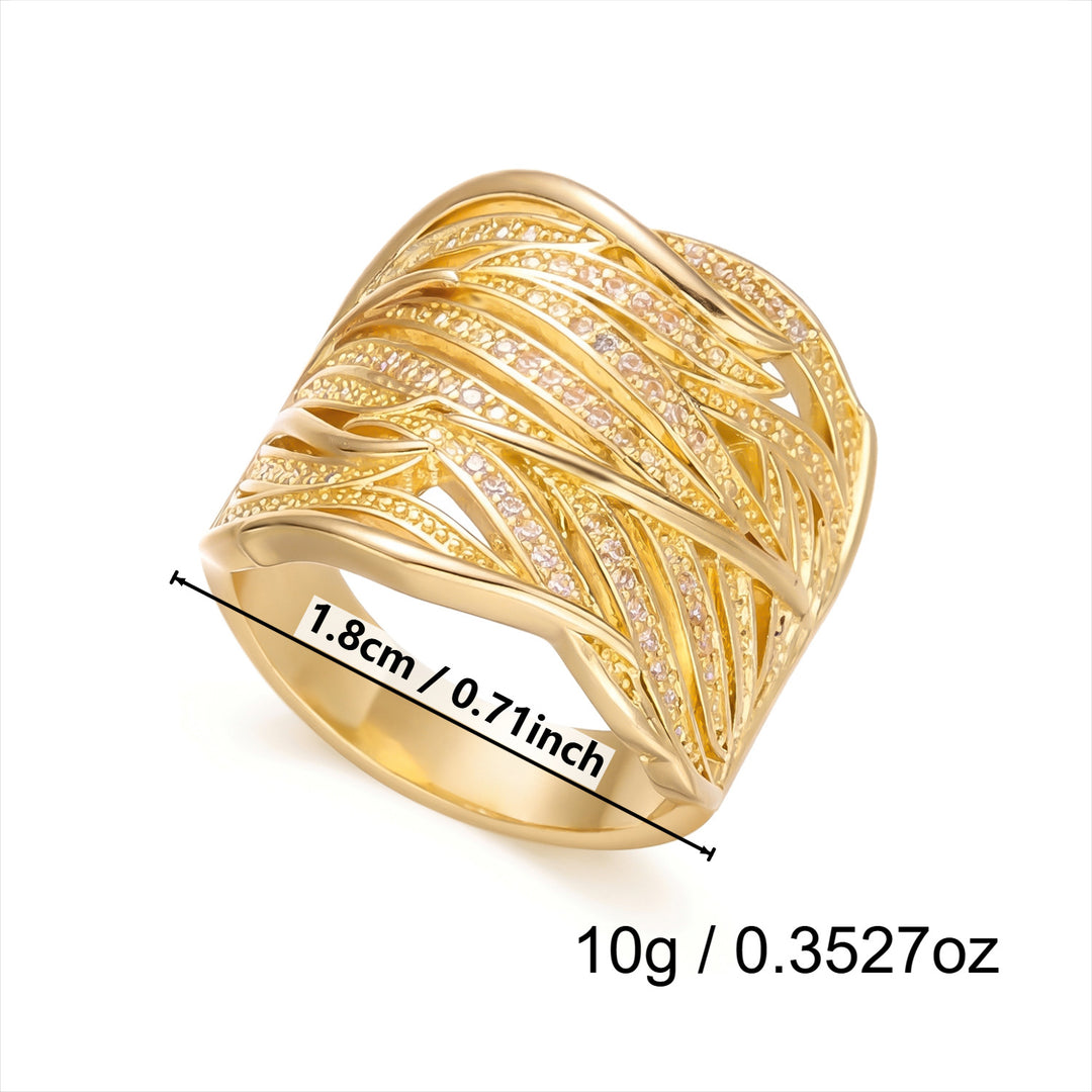 Interlaced Leaf Pave Diamond Wide Ring, Gold Sculpted Palm Leaf Hollow Statement Band For Women