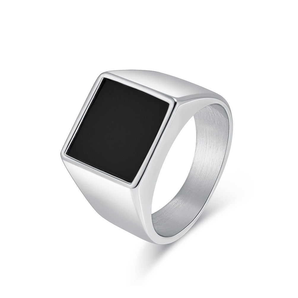 Minimalist Square‑Black‑Face Men’s Wide Signet Ring, 3‑Color Options