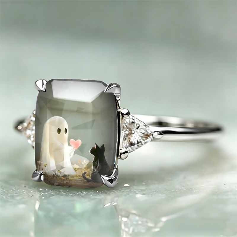 Ghost & Black Cat Square Printed Ring, Silver & Gold Two‑Tone Options