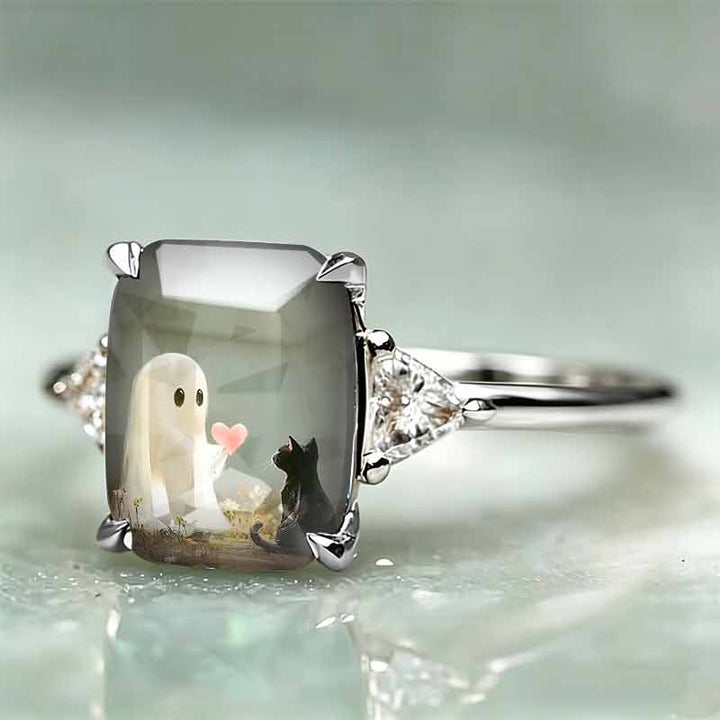 Ghost & Black Cat Square Printed Ring, Silver & Gold Two‑Tone Options