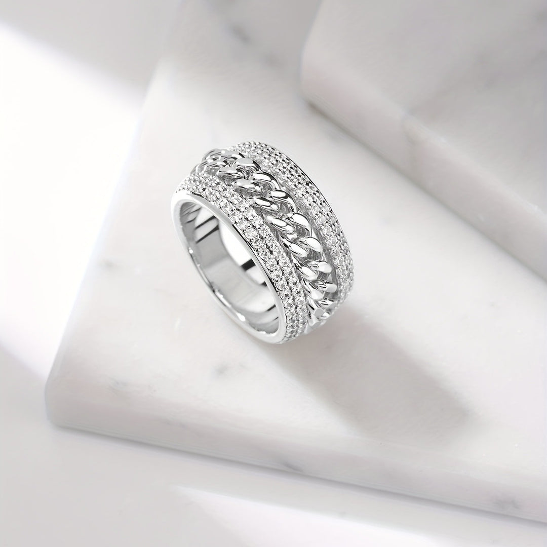 Curb Chain Center Pave Diamond Wide Band Ring, Gold & Silver And Rose Gold Tone Heavy Luxury Chain Crystal Ring