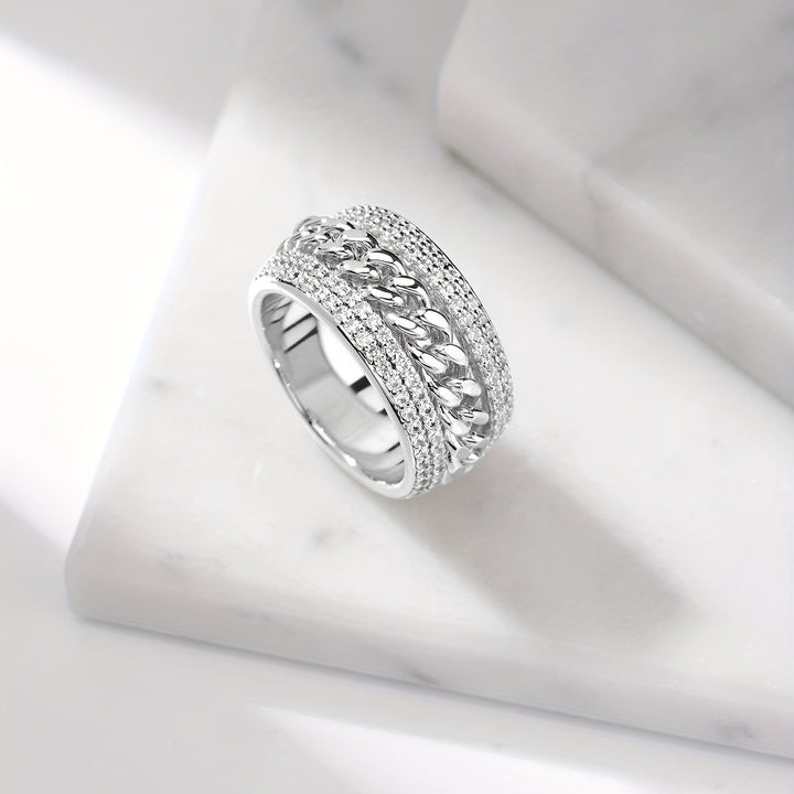 Curb Chain Center Pave Diamond Wide Band Ring, Gold & Silver And Rose Gold Tone Heavy Luxury Chain Crystal Ring