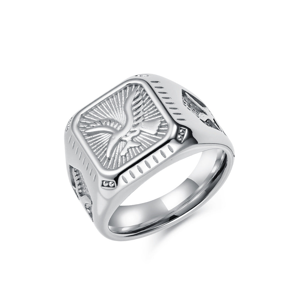 Vintage Embossed Eagle Square Men Ring, Gold & Silver Retro Wide Band Business Statement Signet Ring