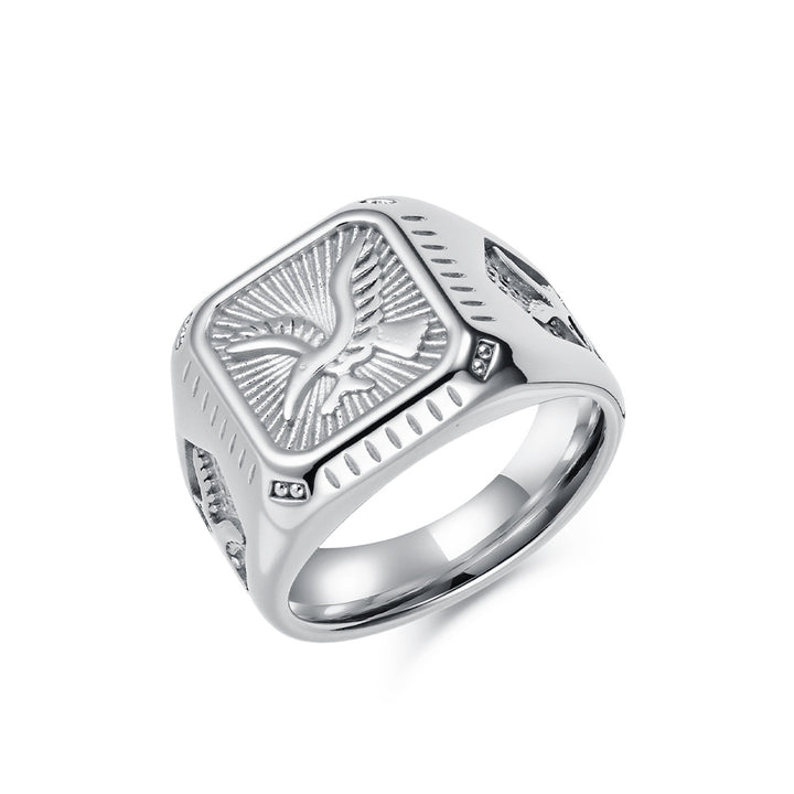 Vintage Embossed Eagle Square Men Ring, Gold & Silver Retro Wide Band Business Statement Signet Ring