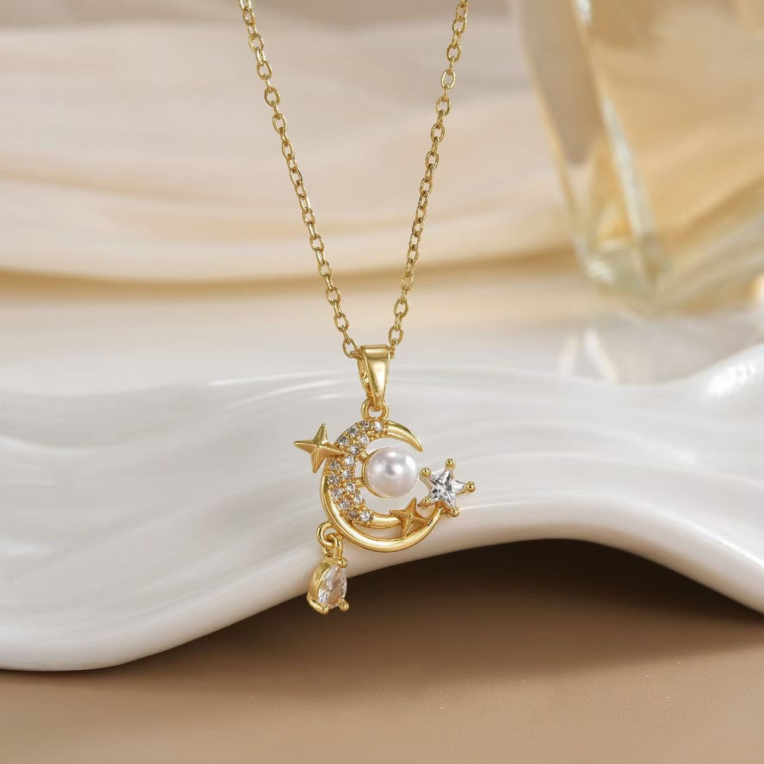 Star Moon Pearl Teardrop Pendant Necklace