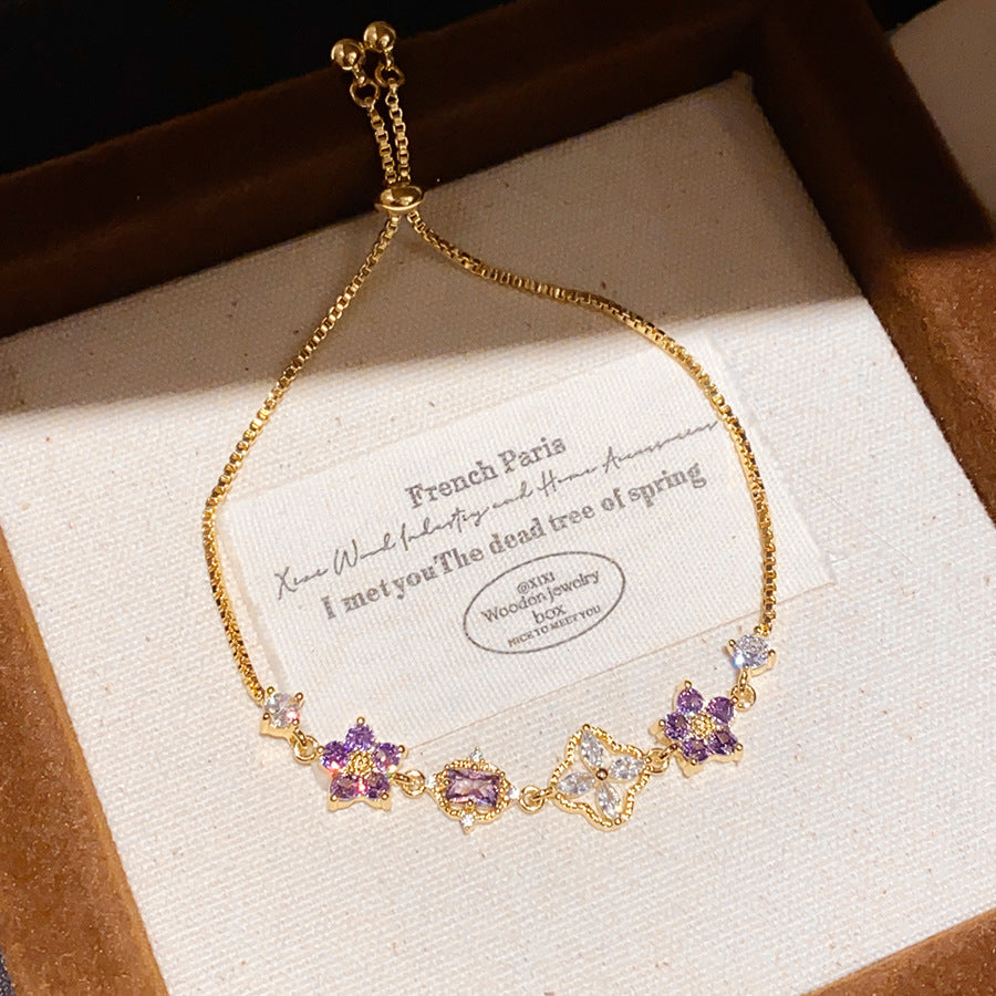 Purple‑Diamond Flower & Clover Adjustable Bracelet