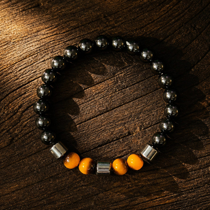 Hematite Multi Natural Stone Stretch Bracelet, Unisex Matte Magnetic Round Bead Wristband (Tiger Eye / Malachite / Blue Vein Stone 3 Colors)
