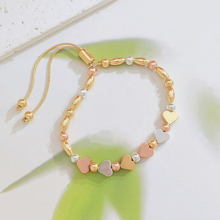 Tri‑Color Metal Beaded Adjustable Bracelet, Heart/Star/Four‑Leaf Clover Styles