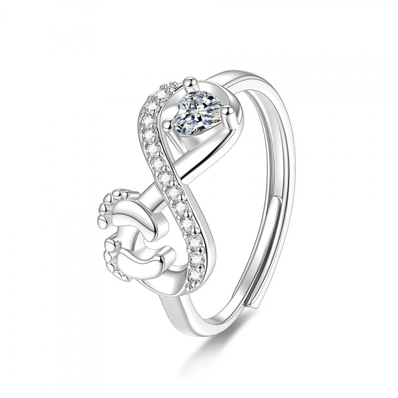 S925 Silver Heart Diamond Baby Footprint Open Ring (Luxury Memorial Band)