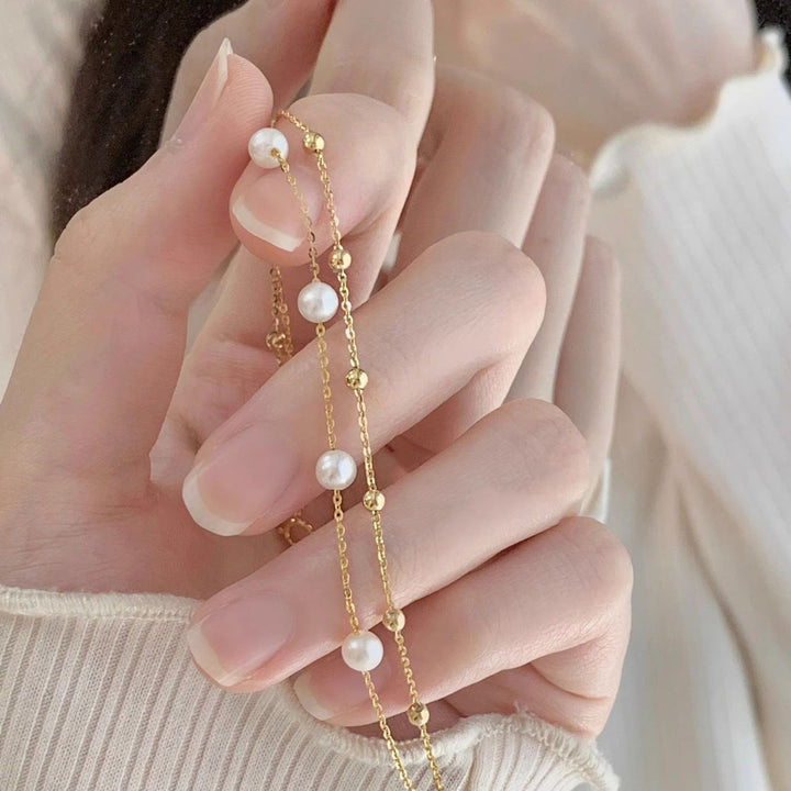 Double Layer Pearl & Beaded Bracelet, S925 Silver Minimalist Fresh Pearl Bracelet for Women, Gold & Silver Two Tones