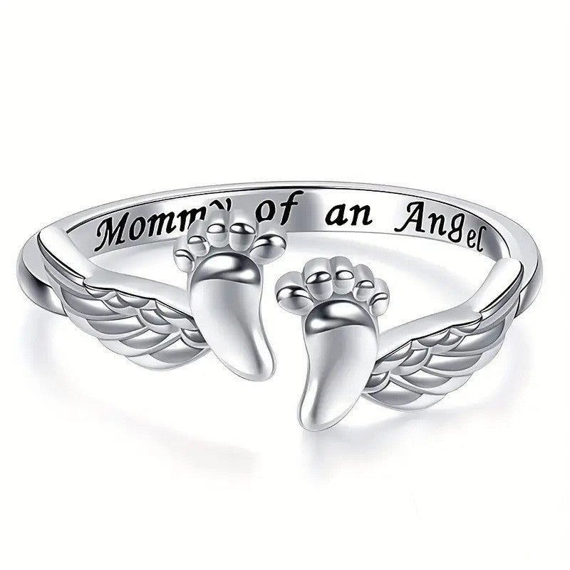 Mommy of an Angel Baby Footprint Wing Open Ring, S925 Silver Remembrance Memorial Band For Women