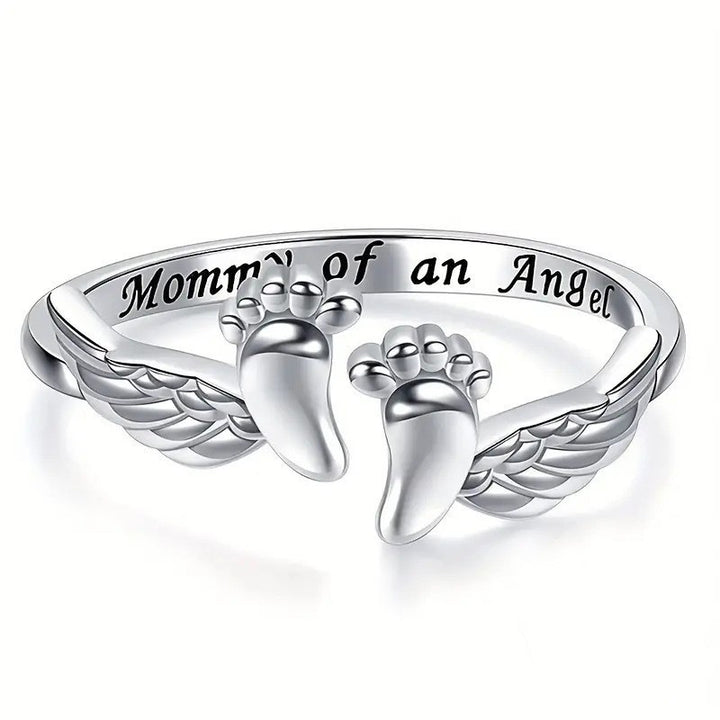 Mommy of an Angel Baby Footprint Wing Open Ring, S925 Silver Remembrance Memorial Band For Women