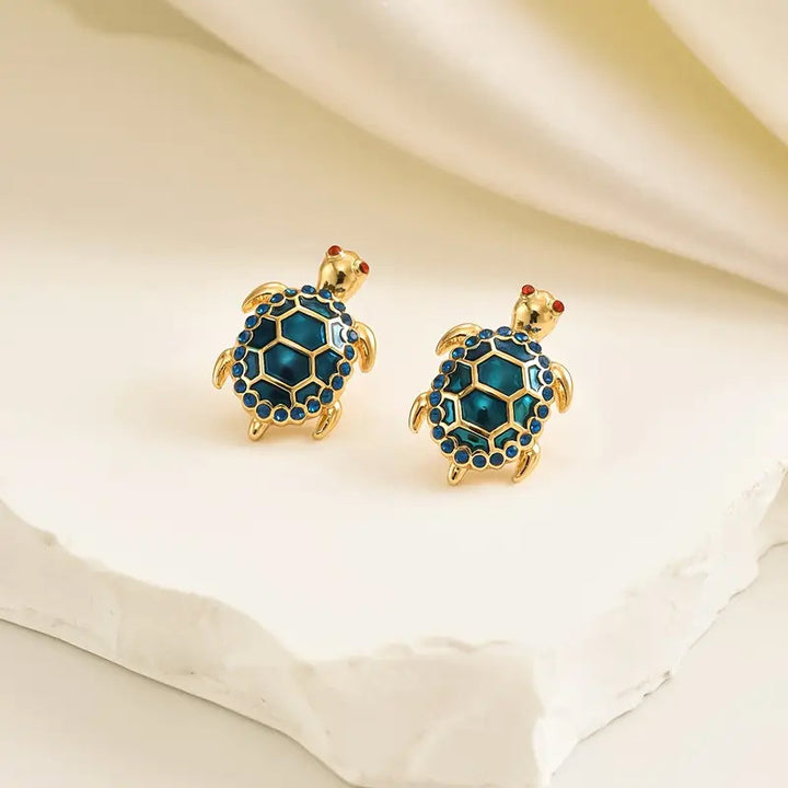 Vintage Enamel Turtle Stud Earrings, Ocean Style Paved Diamond 3D Animal Unique Earrings for Women