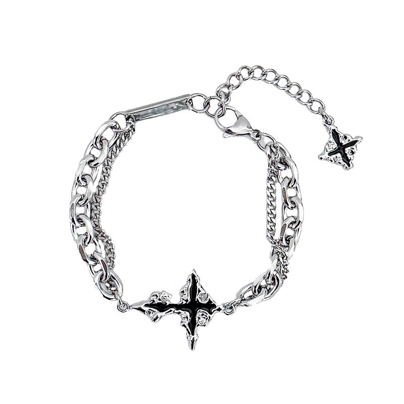 Hip Hop Double Layer Four-Pointed Star Necklace & Bracelet Set, Vintage Silver Enamel Star Unisex Street Accessories