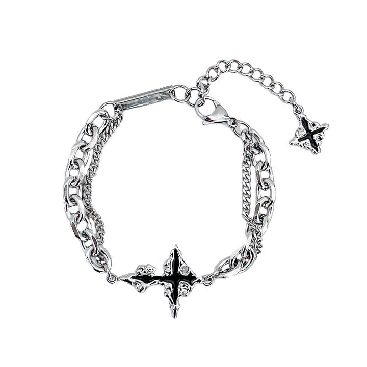 Hip Hop Double Layer Four-Pointed Star Necklace & Bracelet Set, Vintage Silver Enamel Star Unisex Street Accessories